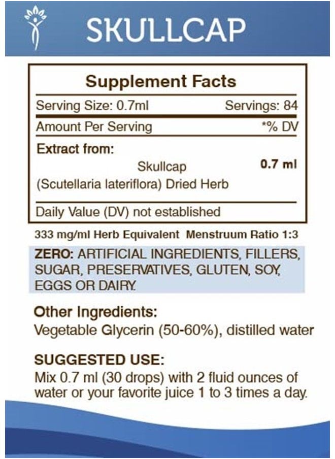 Skullcap Tincture Alcohol-Free Extract, Skullcap Scutellaria lateriflora Calming Effect 2 oz