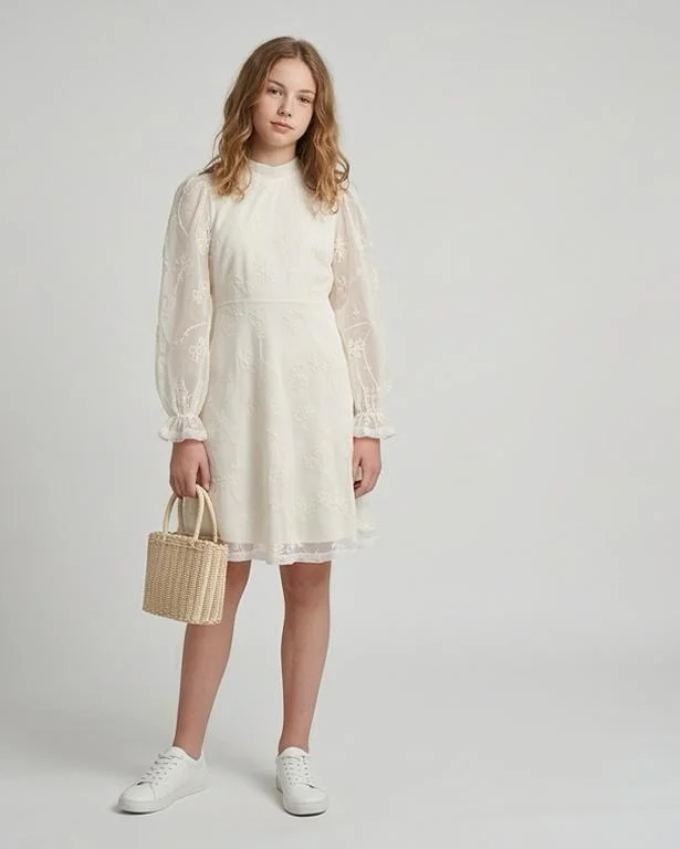 Redtag Senior Girls Beige Embroidered Dress