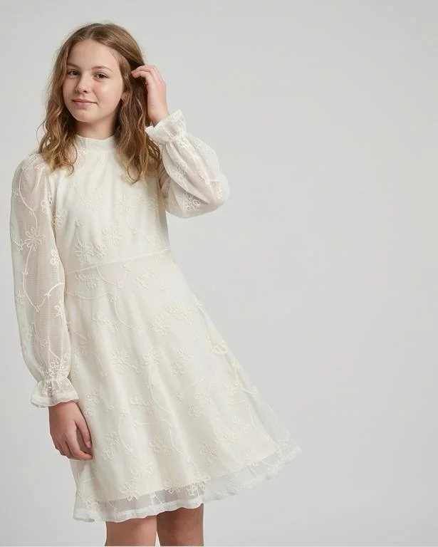 Redtag Senior Girls Beige Embroidered Dress