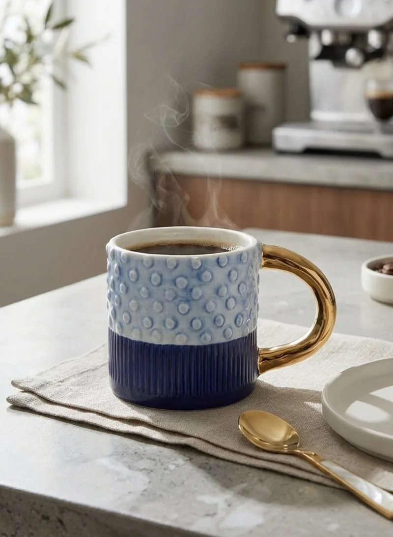 سوق الزعفران كوب فخاري مزخرف بنقوش مستوحاة من الشاطئ مع مقبض ذهبي – التصميم الثاني