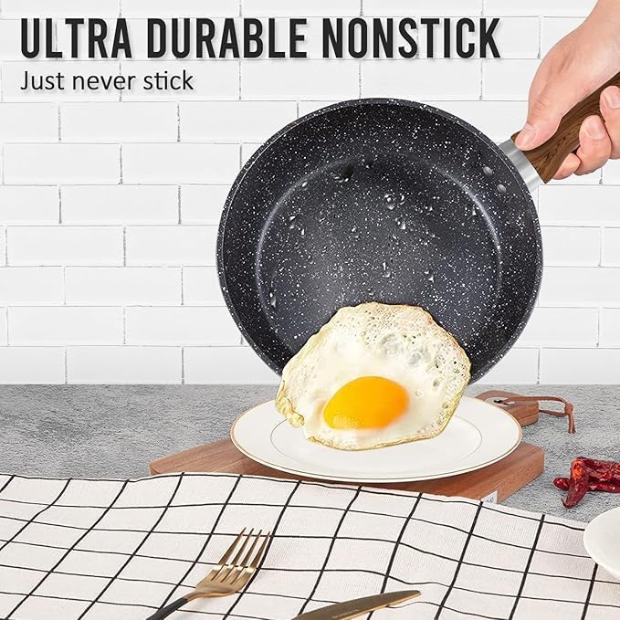 Gladnes Non-Stick Marble Finish Professional Kitchen Frying Pan | CD Bottom with Bakelite Wood Handle | Induction Cookware & Dishwasher Safe (Black, 22 CM) - Image 4