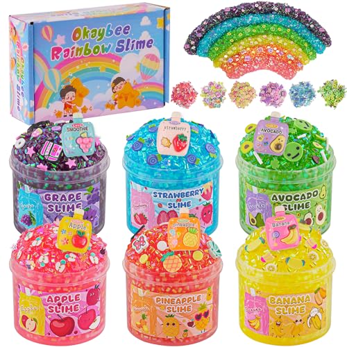Okaybee 6 Pack Bingsu Crunchy Slime Kit Rainbow Slime for Kids with Cute Slime Charms Addins Slime Party Favors Sensory Toys Holiday Birthday Easter Hallowmas Christmas Girls Gift Boys Gift - Image 1