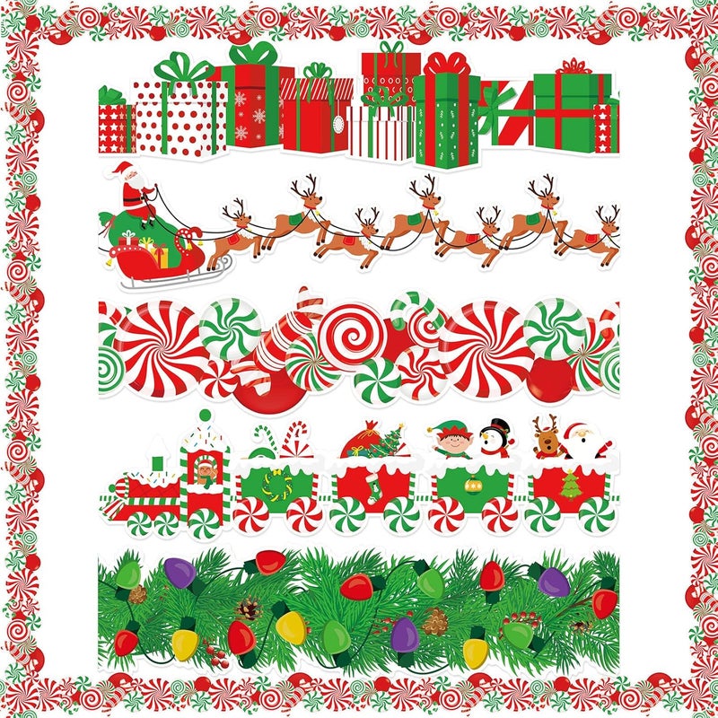 Containlol 70 Pcs Christmas Bulletin Board Borders Christmas Border Santa Claus Snowman Elk Lights Gift Box Xmas Borders Decoration for Christmas Holiday Classroom Bulletin Board Border Wall Decors - Image 1