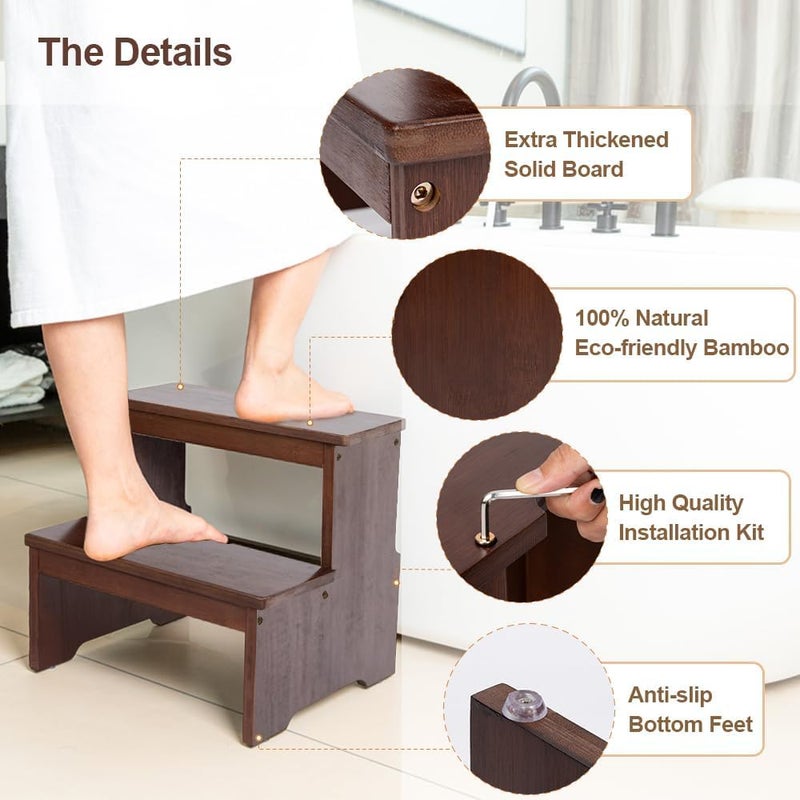 Carpentray Solid Sheesham Wooden Two Step Stool for Adults and Kids Bed Stepstool with AntiSlip Bottom Heavy Duty for Kitchen Bathroom Bedside Step Stool Wooden Step Stairs 350 lbs Capacity - Image 2