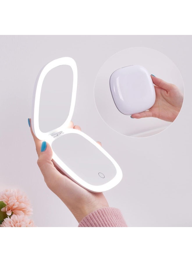 Compact LED Magnifying Travel Makeup Mirror - 1X/10X Magnification Small Hand Pocket Dimmable Double Sided USB Rechargeable Touch Screen, Portable Tabletop Cosmetic (White) - Image 1