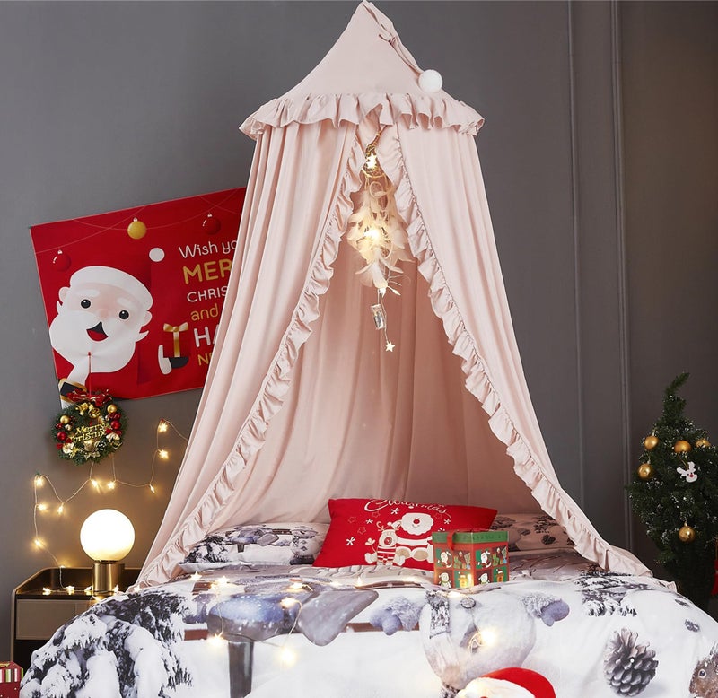 VETHIN Bed Canopy for Girls,Princess Round Dome Dreamy Mosquito Net Bedding Girls Room Castle Play Tent Hanging House Decor Reading Nook Canopies (Beige Pink) - Image 1