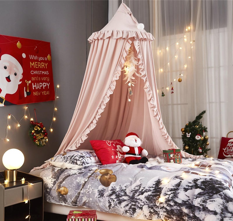 VETHIN Bed Canopy for Girls,Princess Round Dome Dreamy Mosquito Net Bedding Girls Room Castle Play Tent Hanging House Decor Reading Nook Canopies (Beige Pink) - Image 2
