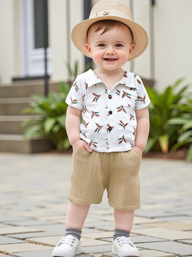 Toddler Boy Summer Outfits Duck Print Short Sleeve Lapel Button Down Shirts with Solid Shorts 2Pcs Set - Image 4