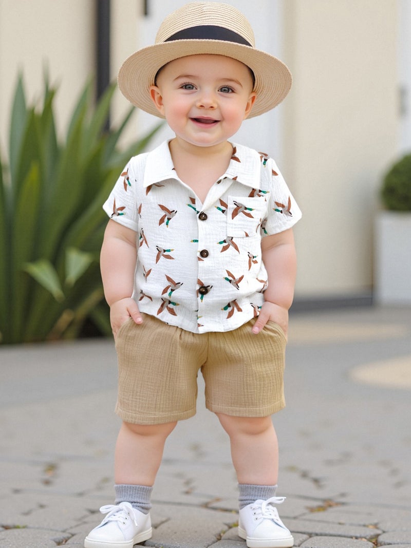 Toddler Boy Summer Outfits Duck Print Short Sleeve Lapel Button Down Shirts with Solid Shorts 2Pcs Set - Image 3