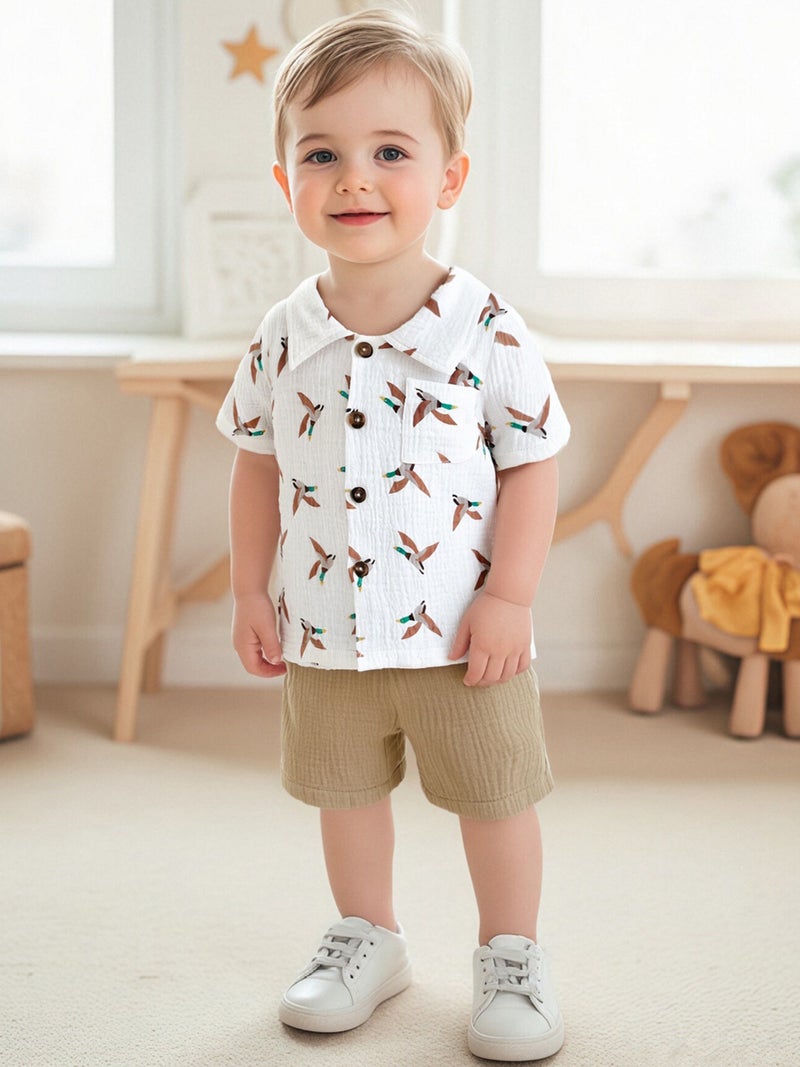 Toddler Boy Summer Outfits Duck Print Short Sleeve Lapel Button Down Shirts with Solid Shorts 2Pcs Set - Image 1