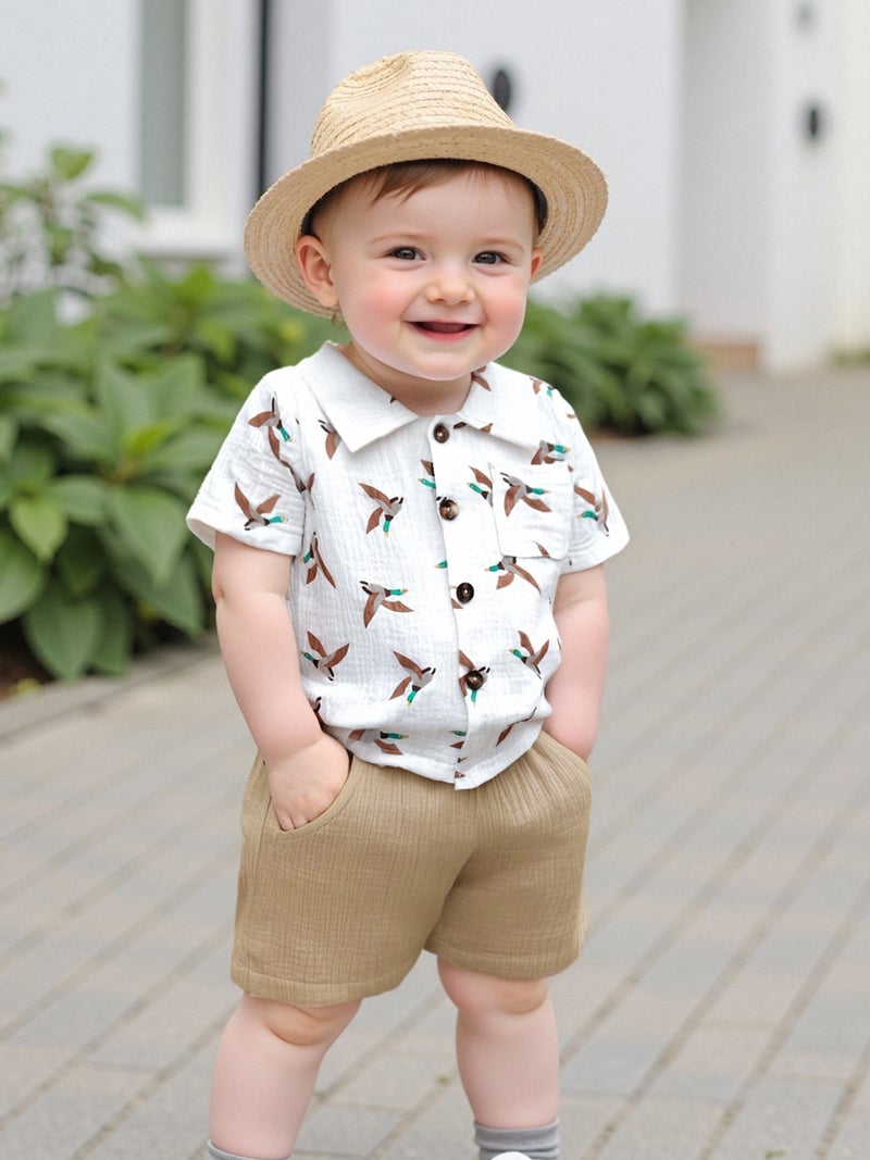 Toddler Boy Summer Outfits Duck Print Short Sleeve Lapel Button Down Shirts with Solid Shorts 2Pcs Set - Image 5