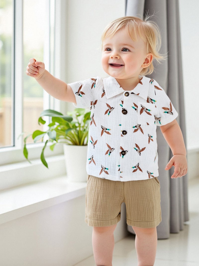 Toddler Boy Summer Outfits Duck Print Short Sleeve Lapel Button Down Shirts with Solid Shorts 2Pcs Set - Image 2