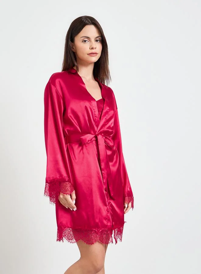 Take Two Burgundy Satin Lace Robe And Slip Set