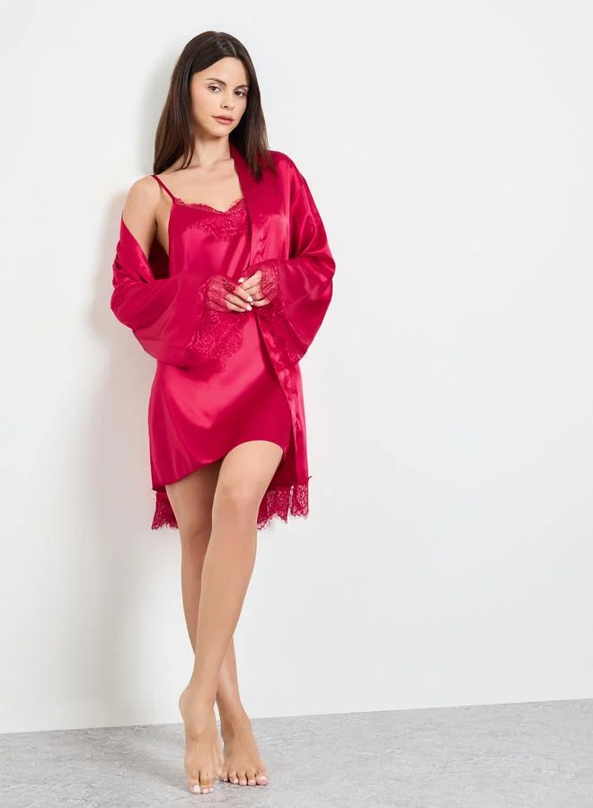 Take Two Burgundy Satin Lace Robe And Slip Set