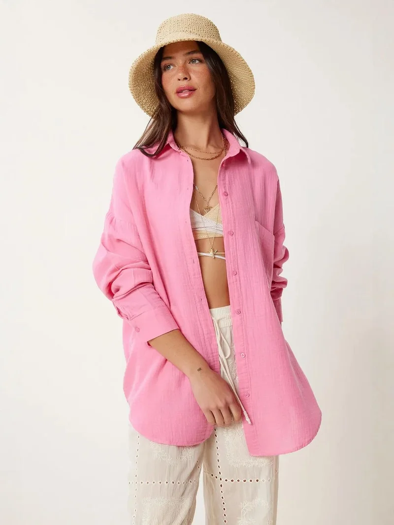 السعادة في إسطنبول ISTANBUL Oversized Textured Cotton Shirt with Pocket