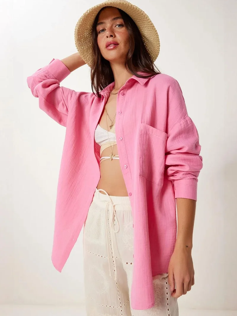 السعادة في إسطنبول ISTANBUL Oversized Textured Cotton Shirt with Pocket