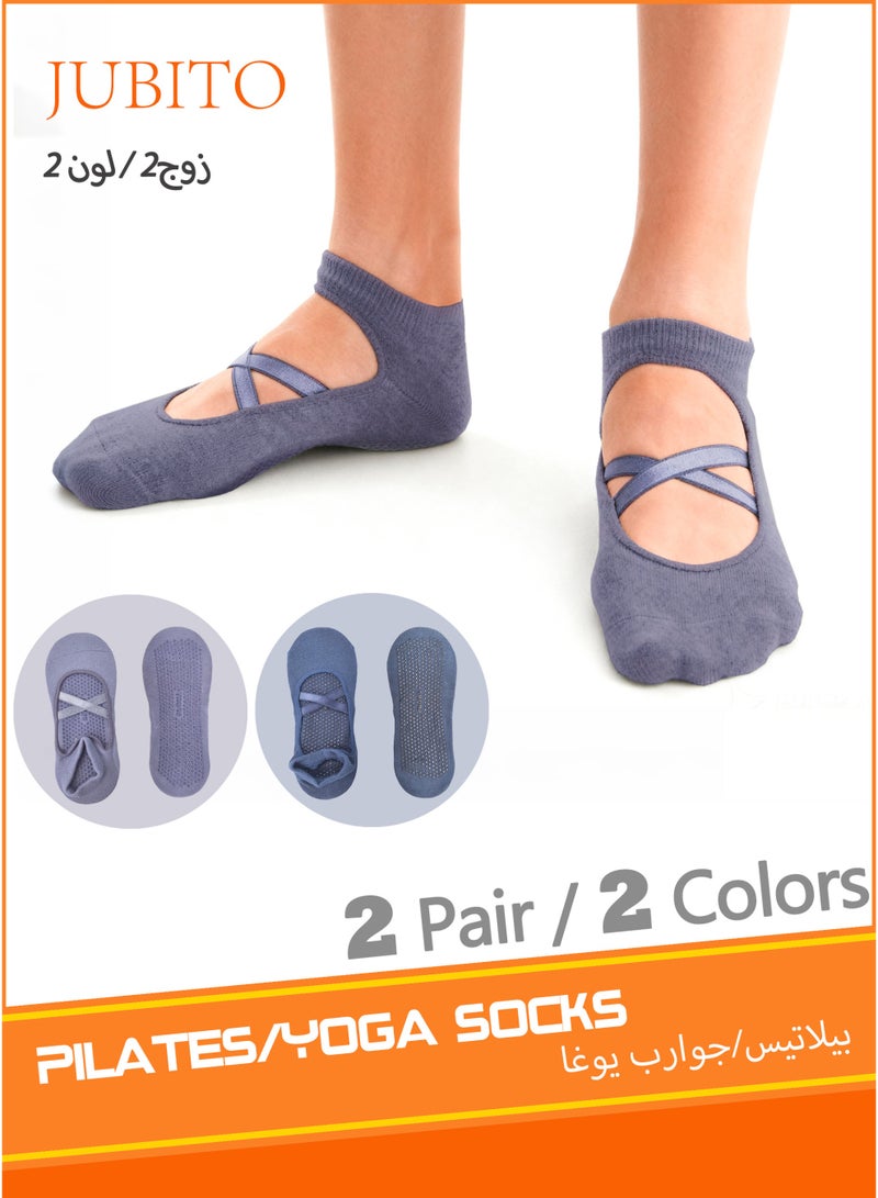 JUBITO Socks - 2 pairs, Pilates socks, yoga socks, non-slip socks for Pilates, yoga, ballet, dance, fitness (blue and purple, cotton 82%) - Image 1