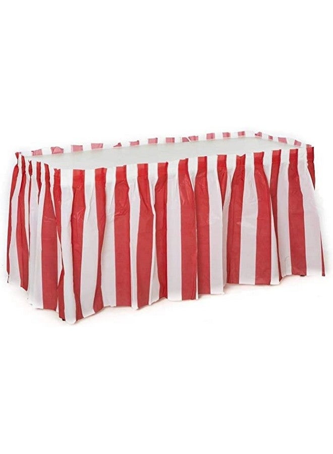 أوجامي مجموعة أوجامي من 4 تنانير طاولة كلاسيكية مخططة باللونين الأحمر والأبيض - مثالية لحفلات الكرنفال والسيرك والمزيد - سهلة التركيب، طول كل واحدة 14 قدمًا - Image 1