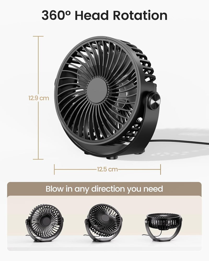 TriPole Mini Desk Fan USB Powered Portable Fan, 3 Speeds Strong Airflow, 360°Adjustable Angle, Quiet Plug In Electric Fan for Desktop, Small Table Fan for Majlis, Home, Office, Bedroom & Travel, Black - Image 3