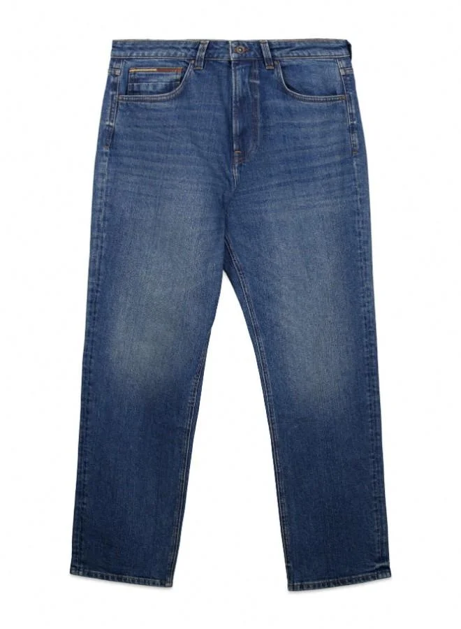 Springfield  Stretch regular fit 5-pocket comfort jeans with two-tone embroidered coin pocket detail, medium-dark wash, overdyed dirty effect, worn look and zip fly fastening. for Men | Best Price UAE