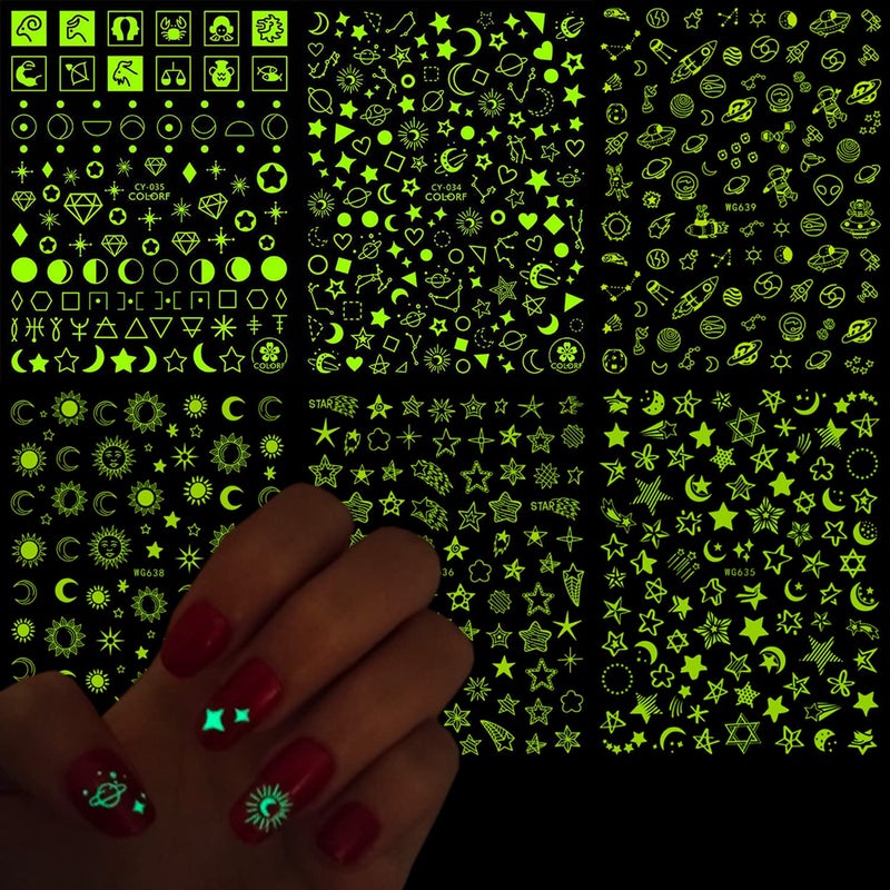 Luminous Nail Art Stickers Fluorescent Nail SelfAdhesive Decals Glow in The Dark Nail Art Design Sun Moon Stars Love Heart Nail Sticker Decoration for Women Girls Manicure 3D Nail Decal6 Sheets