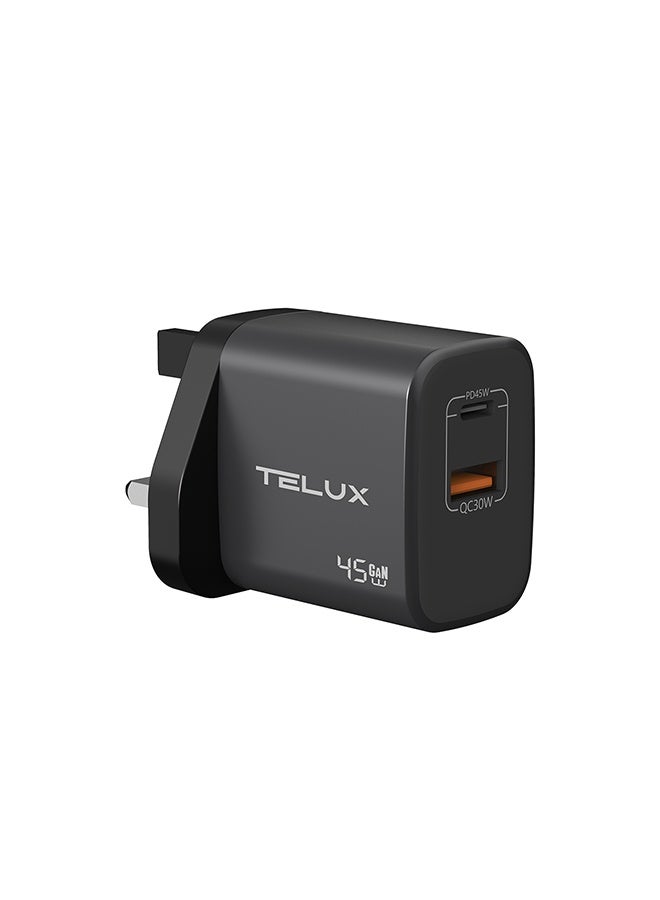 TELUX VOLTFLOW 45W GaN Dual Port Wall Charger, 45W PD USB-C + 30W QC USB-A, Dual Device Charging, Overcharge & Short Circuit Protection, Compact & Universal Compatibility, Black - Image 1