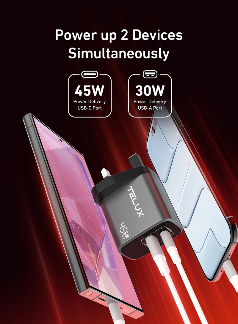 TELUX VOLTFLOW 45W GaN Dual Port Wall Charger, 45W PD USB-C + 30W QC USB-A, Dual Device Charging, Overcharge & Short Circuit Protection, Compact & Universal Compatibility, Black - Image 2