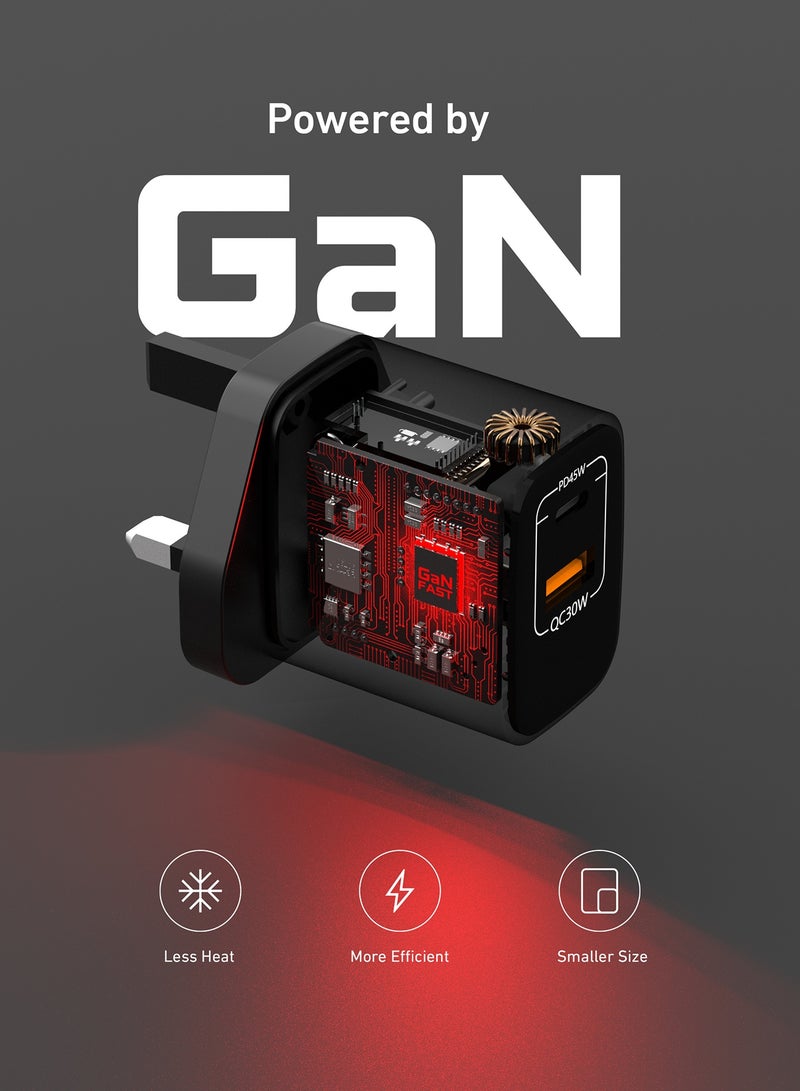 TELUX VOLTFLOW 45W GaN Dual Port Wall Charger, 45W PD USB-C + 30W QC USB-A, Dual Device Charging, Overcharge & Short Circuit Protection, Compact & Universal Compatibility, Black - Image 4