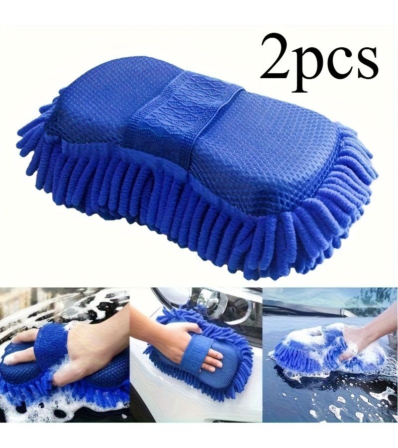 2pcs Blue Microfiber Car Wash Gloves with Foam Padding Durable Canvas Material Ergonomic Design Scratch Free Cleaning and Detailing Essential Car Care Accessory Textured Surface - Image 1