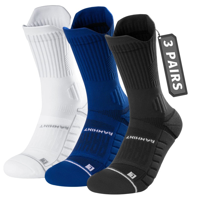 Rahhint Compression Running Socks 3 Pairs, Cushion Crew Socks, Anti-Blister Moisture Wicking Athletic Hiking Basketball Socks - Image 1