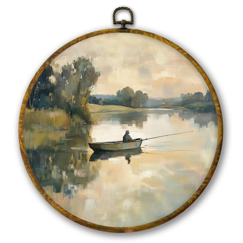 Mcehtle Vintage Rustic Fishing Wall Art Decor, Retro Farmhouse Fishing Man Framed Canvas Prints 10x10, Country Scenery Round Wall Hanging Artwork Decorations for Home Bedroom Living Room - Image 1