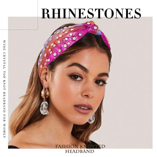 Firuilo Knotted Headband Crystal Rhinestones Headbands Wide Top Knot Hair Band Sparkly Colorful Hair Hoop for Women(Rose Color) (Type A) - Image 4