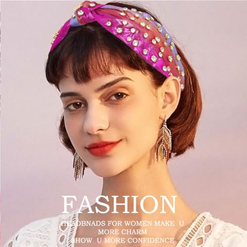 Firuilo Knotted Headband Crystal Rhinestones Headbands Wide Top Knot Hair Band Sparkly Colorful Hair Hoop for Women(Rose Color) (Type A) - Image 5