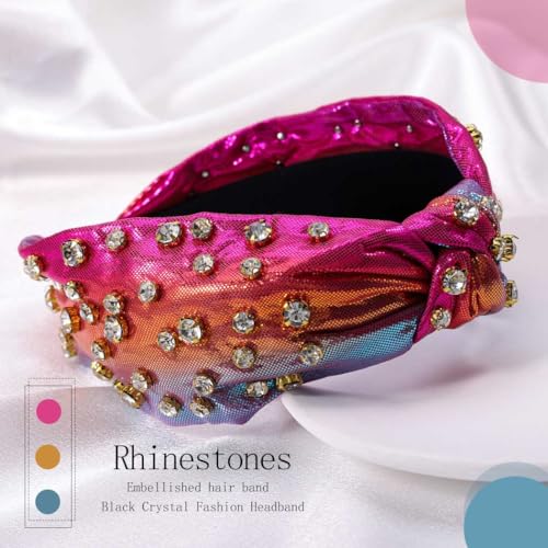 Firuilo Knotted Headband Crystal Rhinestones Headbands Wide Top Knot Hair Band Sparkly Colorful Hair Hoop for Women(Rose Color) (Type A) - Image 2