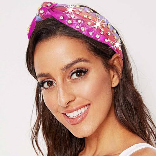 Firuilo Knotted Headband Crystal Rhinestones Headbands Wide Top Knot Hair Band Sparkly Colorful Hair Hoop for Women(Rose Color) (Type A) - Image 1