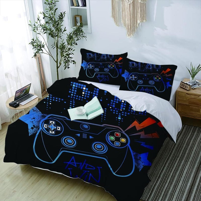 Gamer Bedding Set for Kids Adults, Game Controller Duvet Cover Set for Boys Video Game Controller Duvet Cover Set, Black Bedding Set with Pillowcase for 2 Person - Image 1