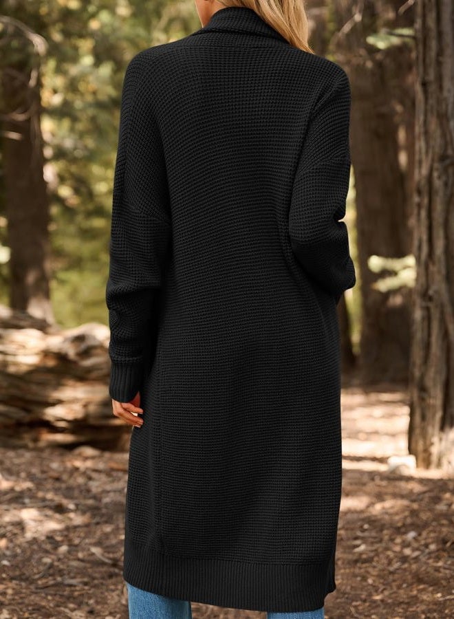 LILLUSORY Women's Oversized Slouchy Knit Chunky Open Front Sweater Coat with Pockets, Black, XL - Image 4