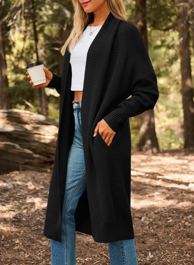 LILLUSORY Women's Oversized Slouchy Knit Chunky Open Front Sweater Coat with Pockets, Black, XL - Image 3