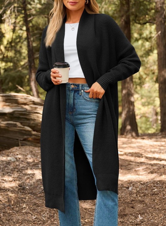 LILLUSORY Women's Oversized Slouchy Knit Chunky Open Front Sweater Coat with Pockets, Black, XL - Image 2