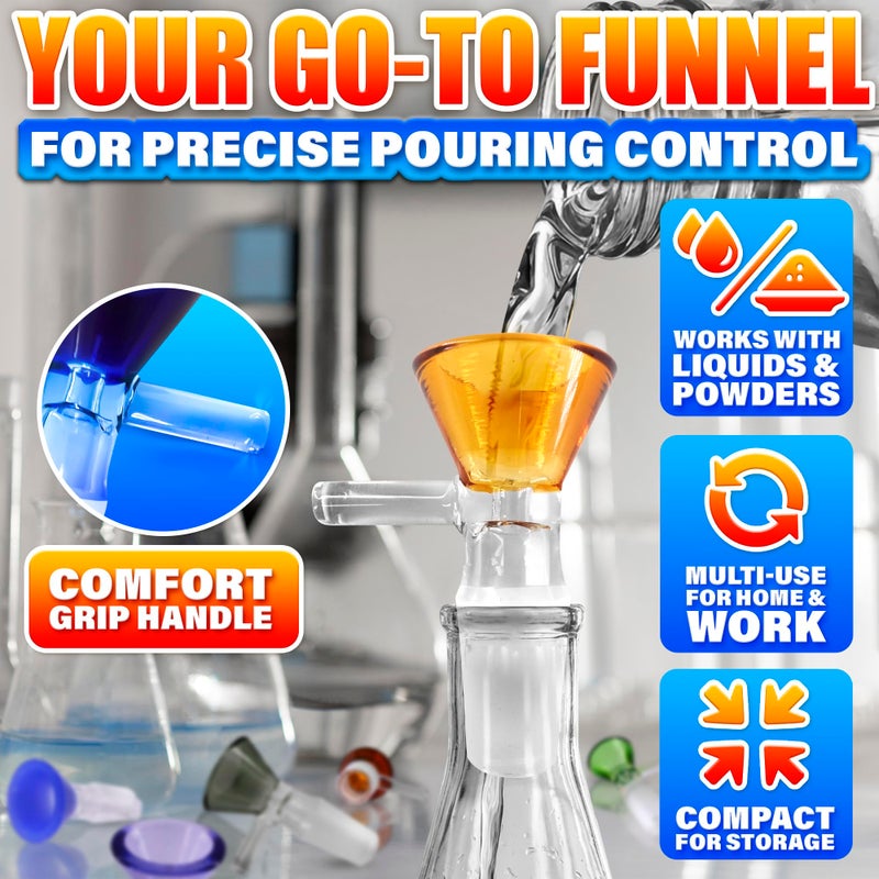 ALPENKOK 6-Pack 14mm Glass Funnel with Handle â€“ Colored Tops, Ergonomic Handle for Kitchen & DIY Use, Easy Pouring â€“ Thick Spill-Resistant Glass Funnels for Liquids and Oils, 2 Cleaning Brushes for Easy Clean - Image 4