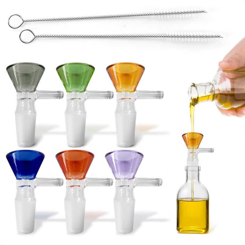 ALPENKOK 6-Pack 14mm Glass Funnel with Handle â€“ Colored Tops, Ergonomic Handle for Kitchen & DIY Use, Easy Pouring â€“ Thick Spill-Resistant Glass Funnels for Liquids and Oils, 2 Cleaning Brushes for Easy Clean - Image 1