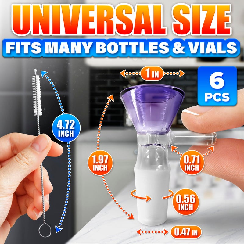 ALPENKOK 6-Pack 14mm Glass Funnel with Handle â€“ Colored Tops, Ergonomic Handle for Kitchen & DIY Use, Easy Pouring â€“ Thick Spill-Resistant Glass Funnels for Liquids and Oils, 2 Cleaning Brushes for Easy Clean - Image 2