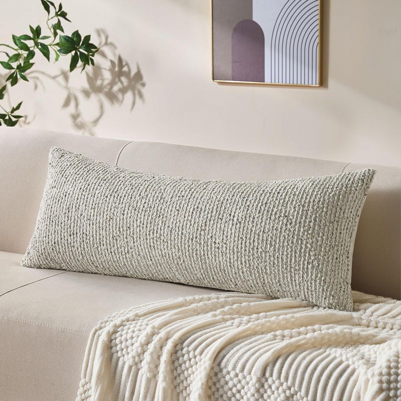 Allorry Decorative Lumbar Pillow Cover 14x36 Cream White Striped Wool Long Body Pillow Neutral Textured Boho Lumbar Throw Pillow Cushion Covers for Modern Farmhouse Sofa Bed Living Room Decor SY011-B14 - Image 1