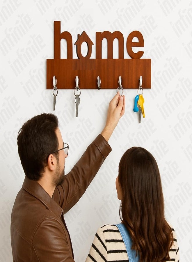 InfiniteEshop Wall Mounted Wooden Key Holder with Mobile Organizer - Decorative Key Hanger Rack for Home, Hallway & Office (Brown - Home) - Image 3