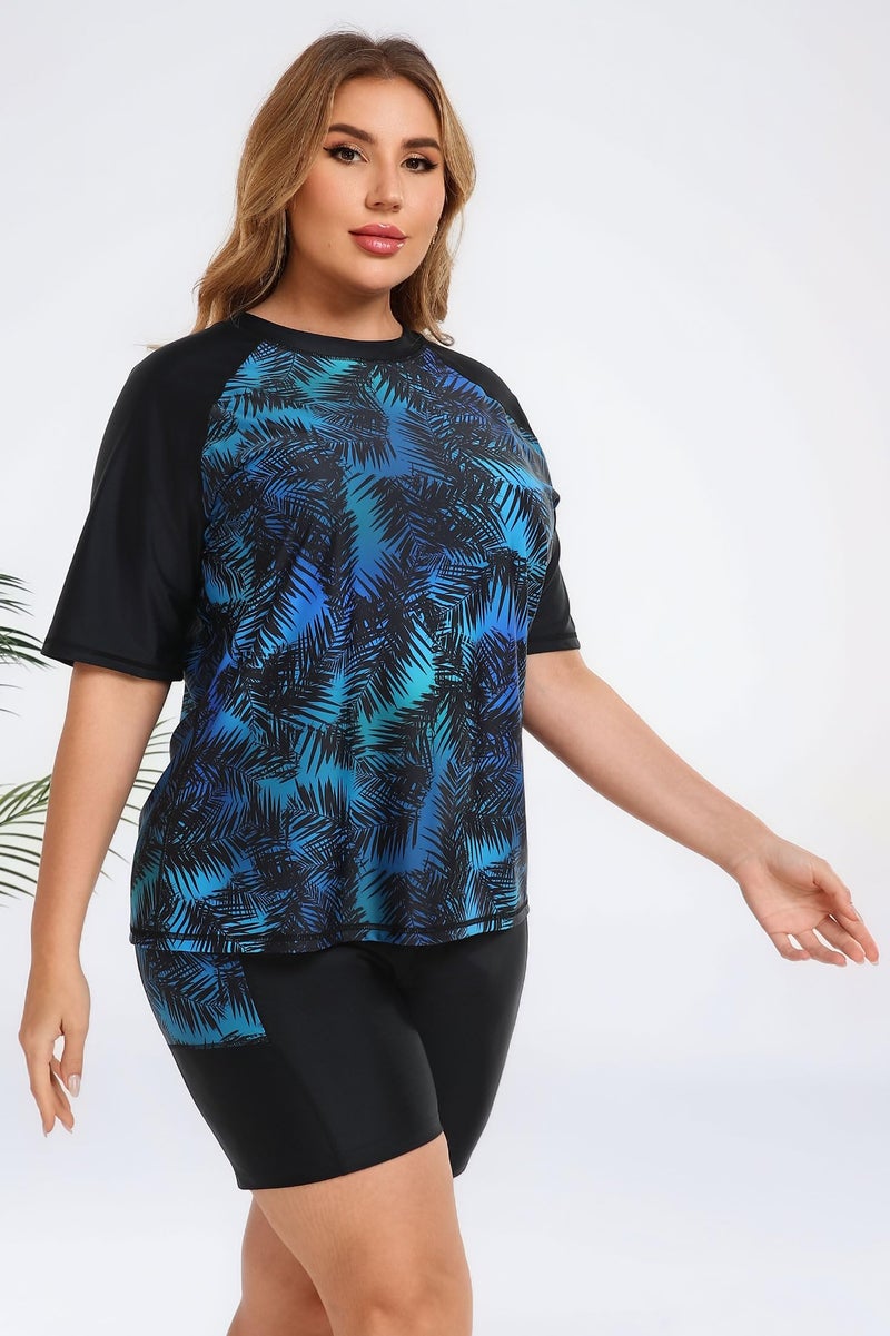 Halcurt Women Plus Size Rash Guard Swimwear Short Sleeve 2 Piece Swim Shirt with Boyleg Shorts Bathing Suit Palm 1X - Image 4