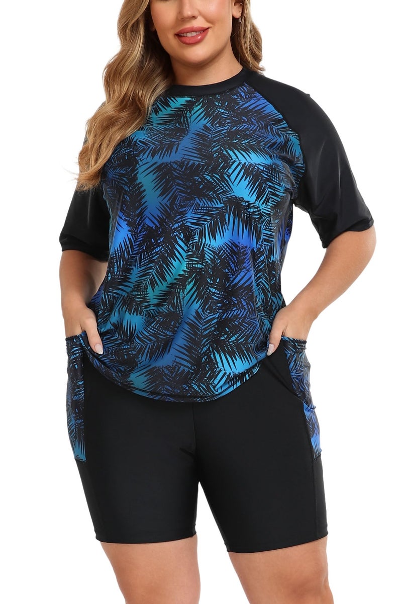 Halcurt Women Plus Size Rash Guard Swimwear Short Sleeve 2 Piece Swim Shirt with Boyleg Shorts Bathing Suit Palm 1X - Image 1