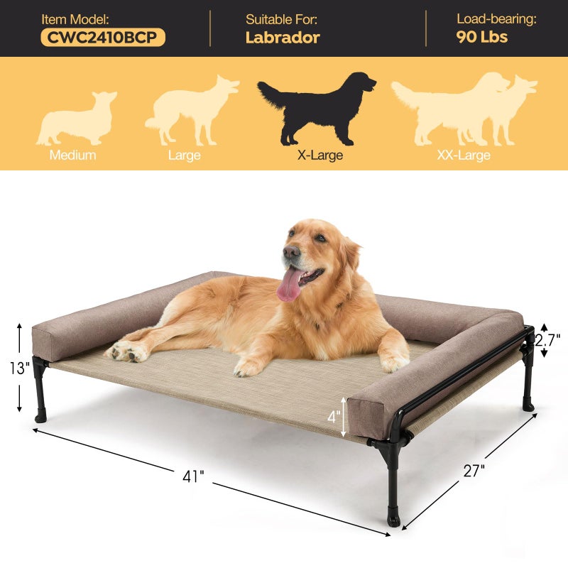 Veehoo Elevated Raised Dog Bed-Cooling Outdoor Dog Cot Bed for Large Sized Dogs Three-Sided Fence Raised Pet Cot with Mesh & No-Slip Feet Dog Hammock Bed with Removable Bolster-41 x 27" Beige Coffee - Image 3