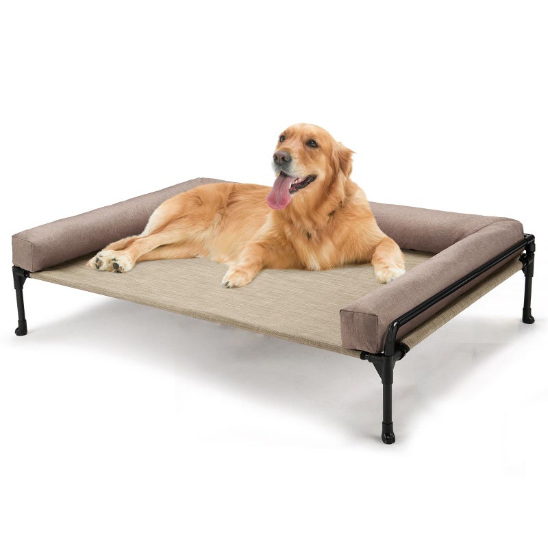 Veehoo Elevated Raised Dog Bed-Cooling Outdoor Dog Cot Bed for Large Sized Dogs Three-Sided Fence Raised Pet Cot with Mesh & No-Slip Feet Dog Hammock Bed with Removable Bolster-41 x 27" Beige Coffee - Image 1