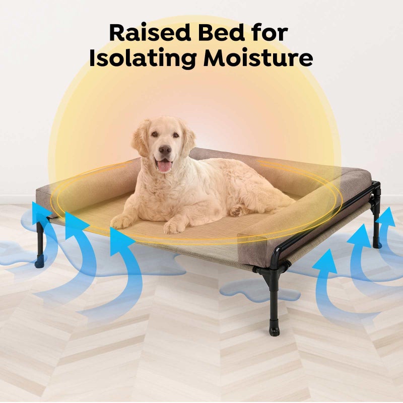 Veehoo Elevated Raised Dog Bed-Cooling Outdoor Dog Cot Bed for Large Sized Dogs Three-Sided Fence Raised Pet Cot with Mesh & No-Slip Feet Dog Hammock Bed with Removable Bolster-41 x 27" Beige Coffee - Image 2