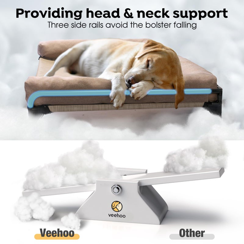 Veehoo Elevated Raised Dog Bed-Cooling Outdoor Dog Cot Bed for Large Sized Dogs Three-Sided Fence Raised Pet Cot with Mesh & No-Slip Feet Dog Hammock Bed with Removable Bolster-41 x 27" Beige Coffee - Image 5